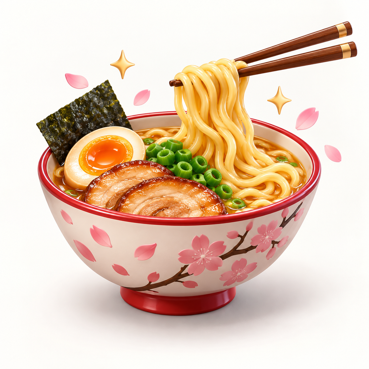 Bowl of ramen with chopsticks and cherry blossoms