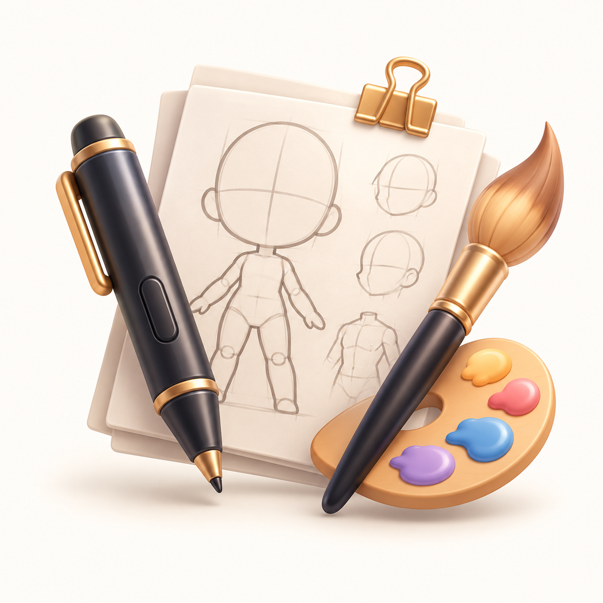 Character sketches with a stylus, paintbrush and palette