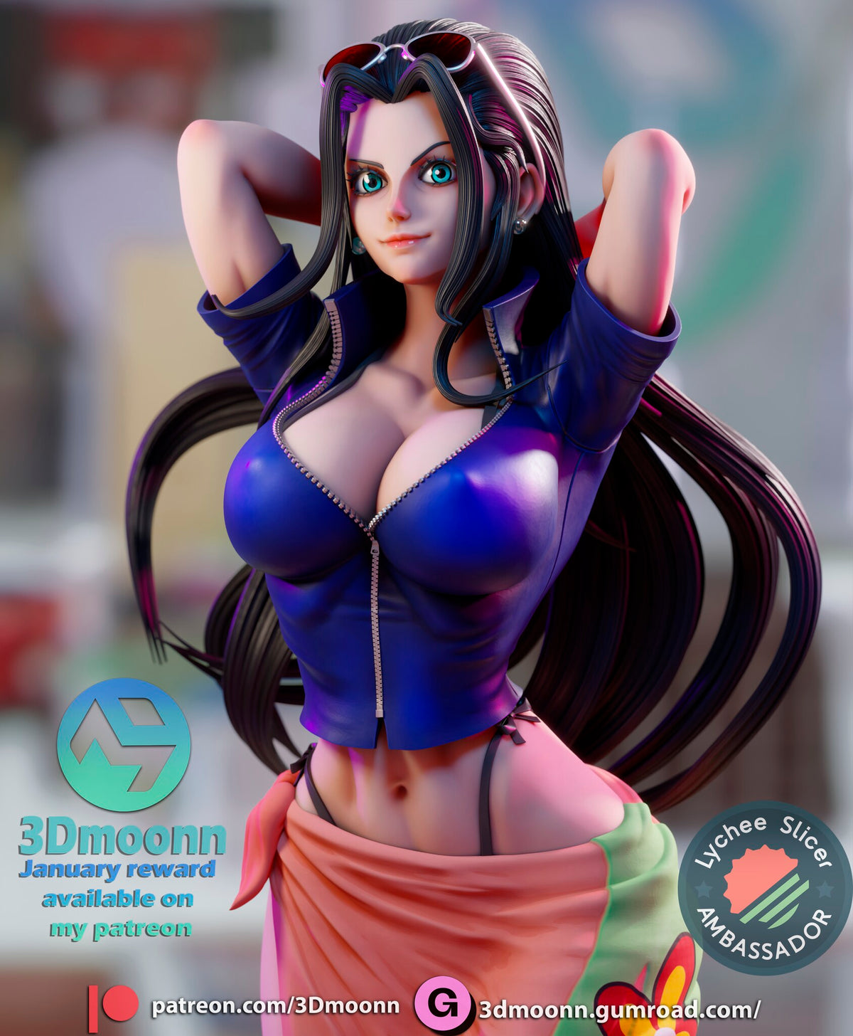 Sculptor's render (kit ships unpainted): close-up from the hips up of her face, sunglasses pushed up in her hair and the blue zip jacket