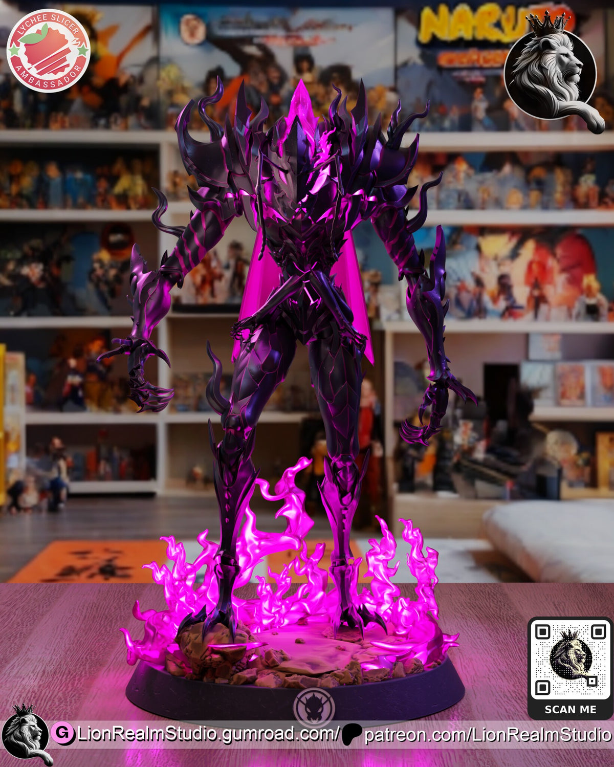 Sculptor's render of the painted design (kit ships unpainted): front view of the armored ant warrior standing in a ring of magenta flames on the round base
