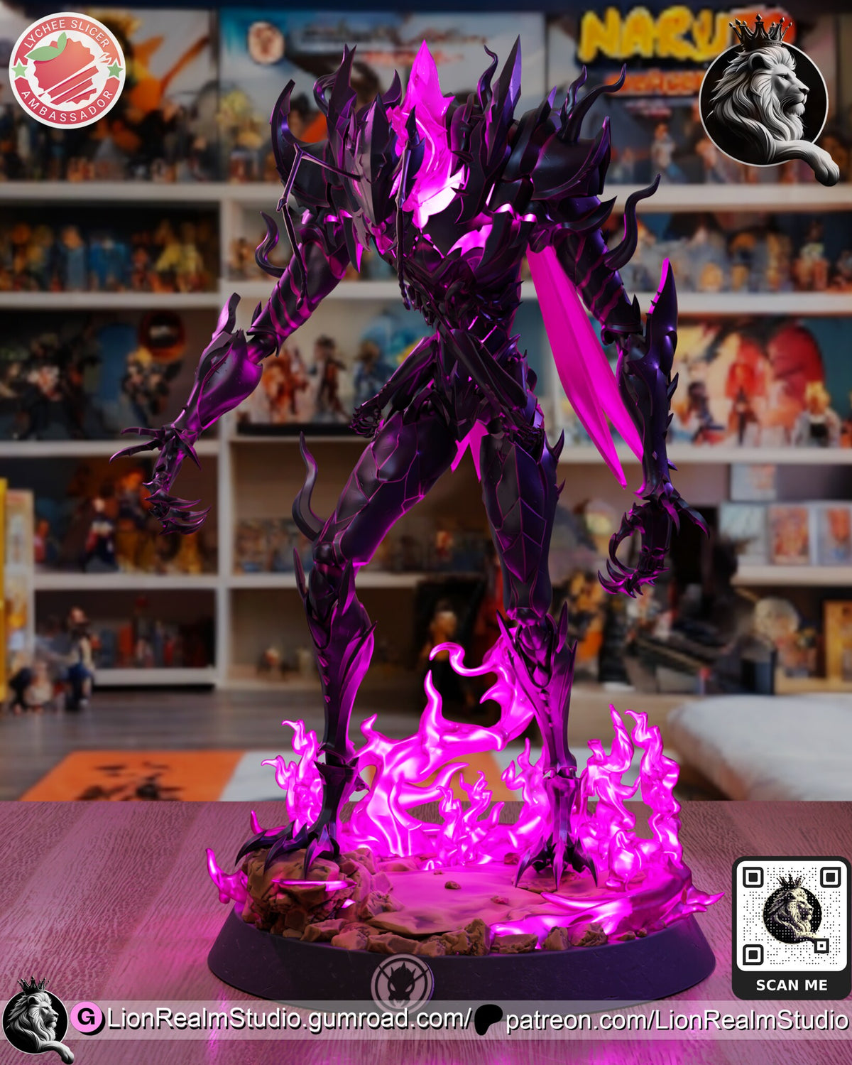 Sculptor's render (kit ships unpainted): front three-quarter view from his left, a long pink wing behind his arm and a flame swirl rising between his legs