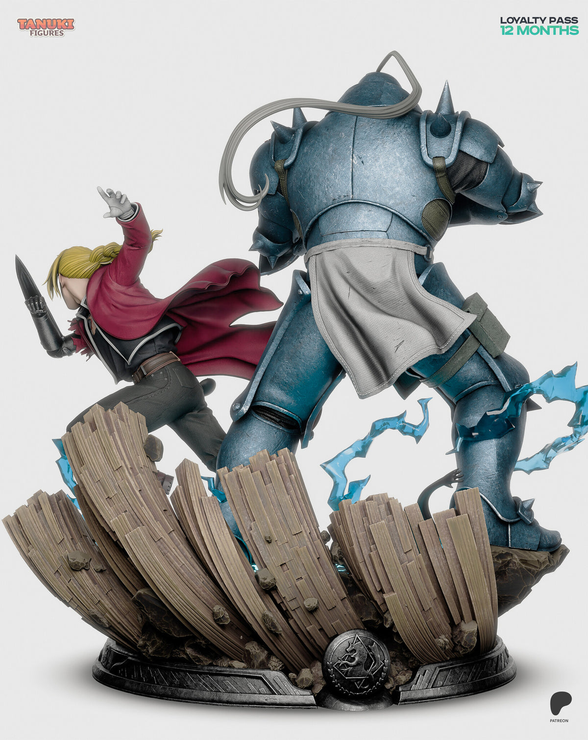 Sculptor's render (kit ships unpainted): rear view showing the back of the armor, the emblem on the red coat and the crest medallion on the rim