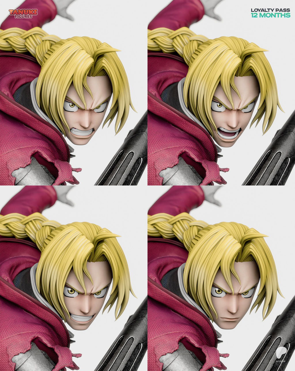 Sculptor's render (kit ships unpainted): the four head expressions side by side: gritted teeth, open-mouth shout, grin and closed-mouth scowl