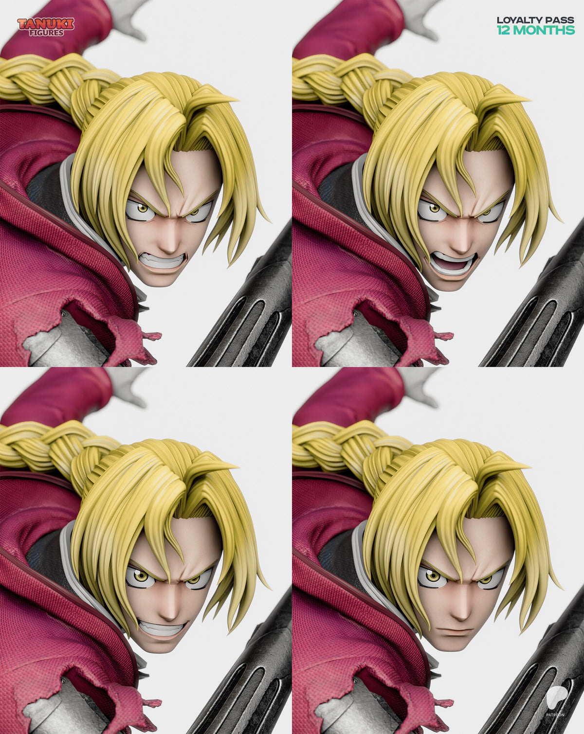 Sculptor's render (kit ships unpainted): the four head expressions side by side: gritted teeth, open-mouth shout, grin and closed-mouth scowl