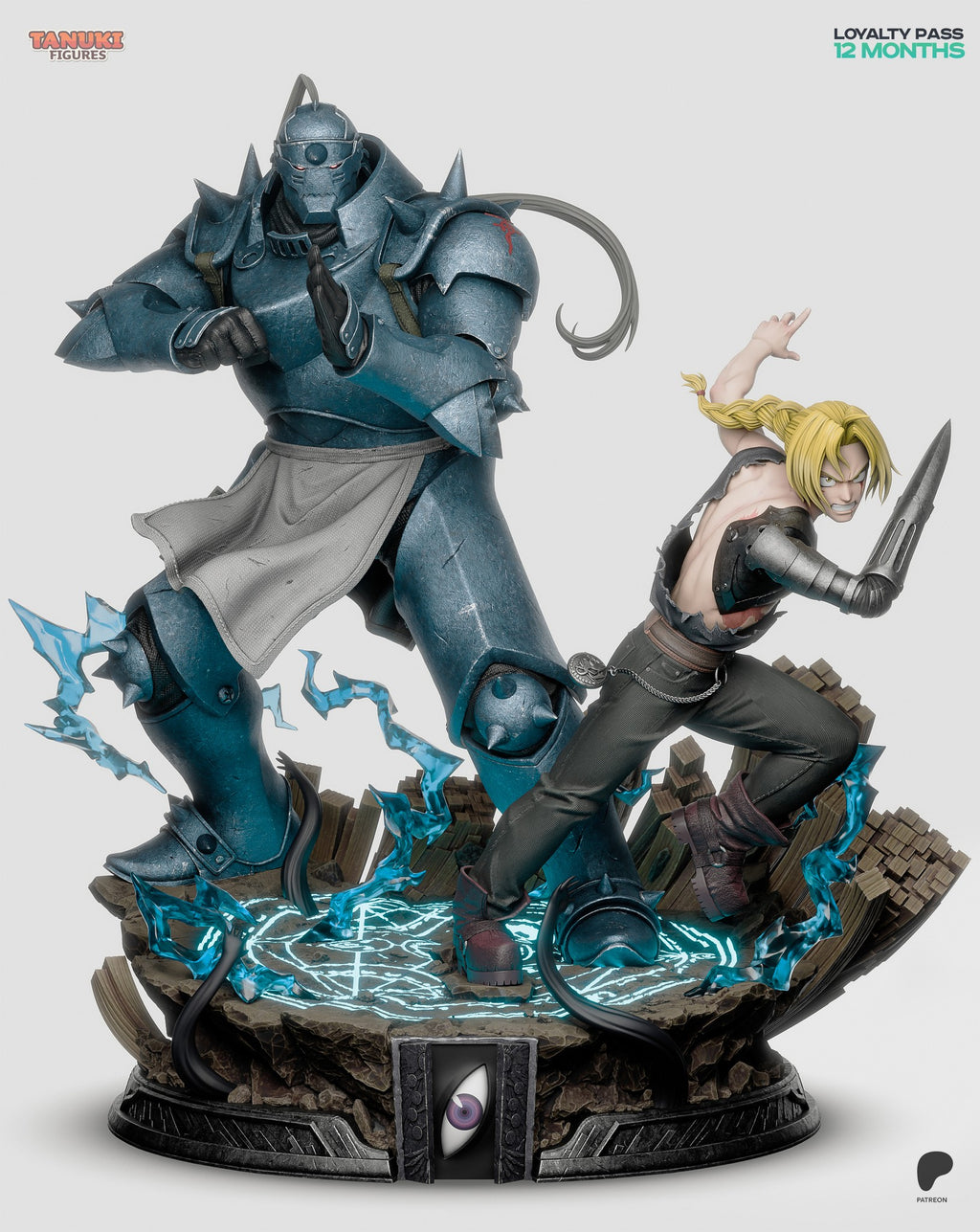Sculptor's render (kit ships unpainted): full front view of the diorama in the torn-shirt look, the braided fighter's coat off and his top ripped in battle, left arm raised
