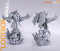 Sculptor's render of the design, shown in gray (kit ships unpainted): front and rear views side by side of the armored dragon warrior with arms spread and triple-claw gauntlets raised, standing in a ring of flame spikes, the two-part shield with its engraved crest on his back