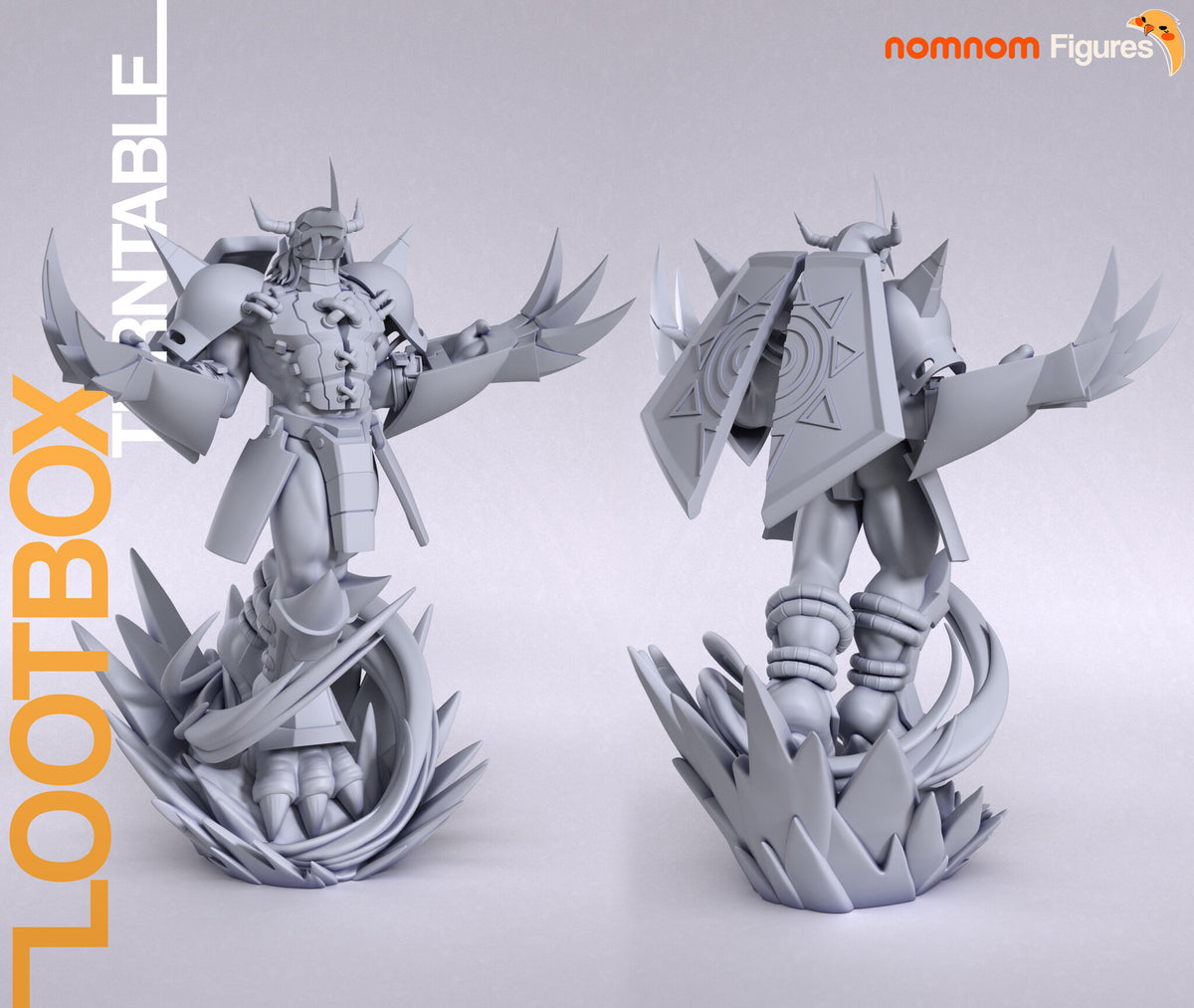 Sculptor's render of the design, shown in gray (kit ships unpainted): front and rear views side by side of the armored dragon warrior with arms spread and triple-claw gauntlets raised, standing in a ring of flame spikes, the two-part shield with its engraved crest on his back