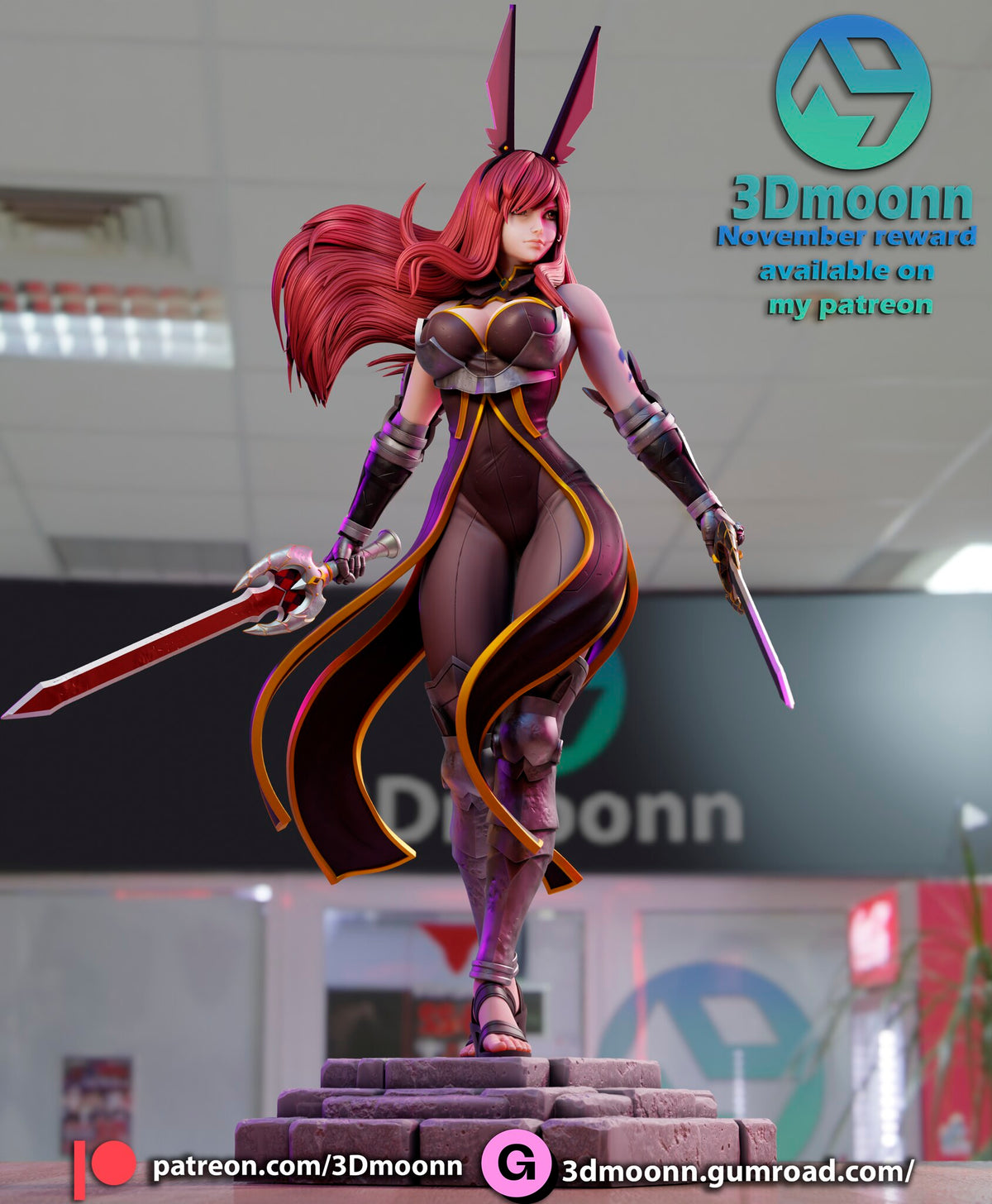Sculptor's render (kit ships unpainted): low front view with the full length of the crimson sword
