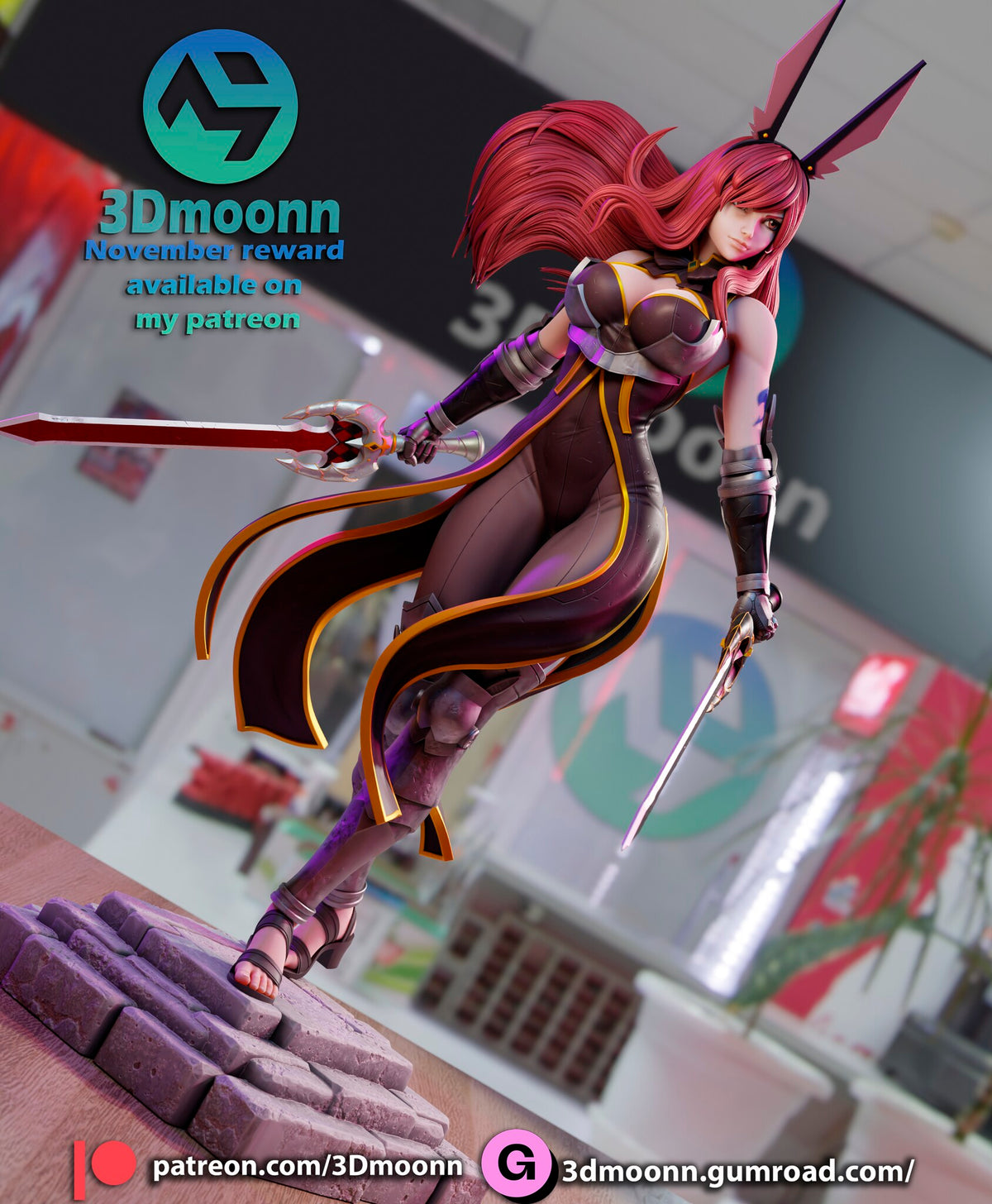Sculptor's render (kit ships unpainted): tilted three-quarter view with the crimson sword held out and her hair streaming