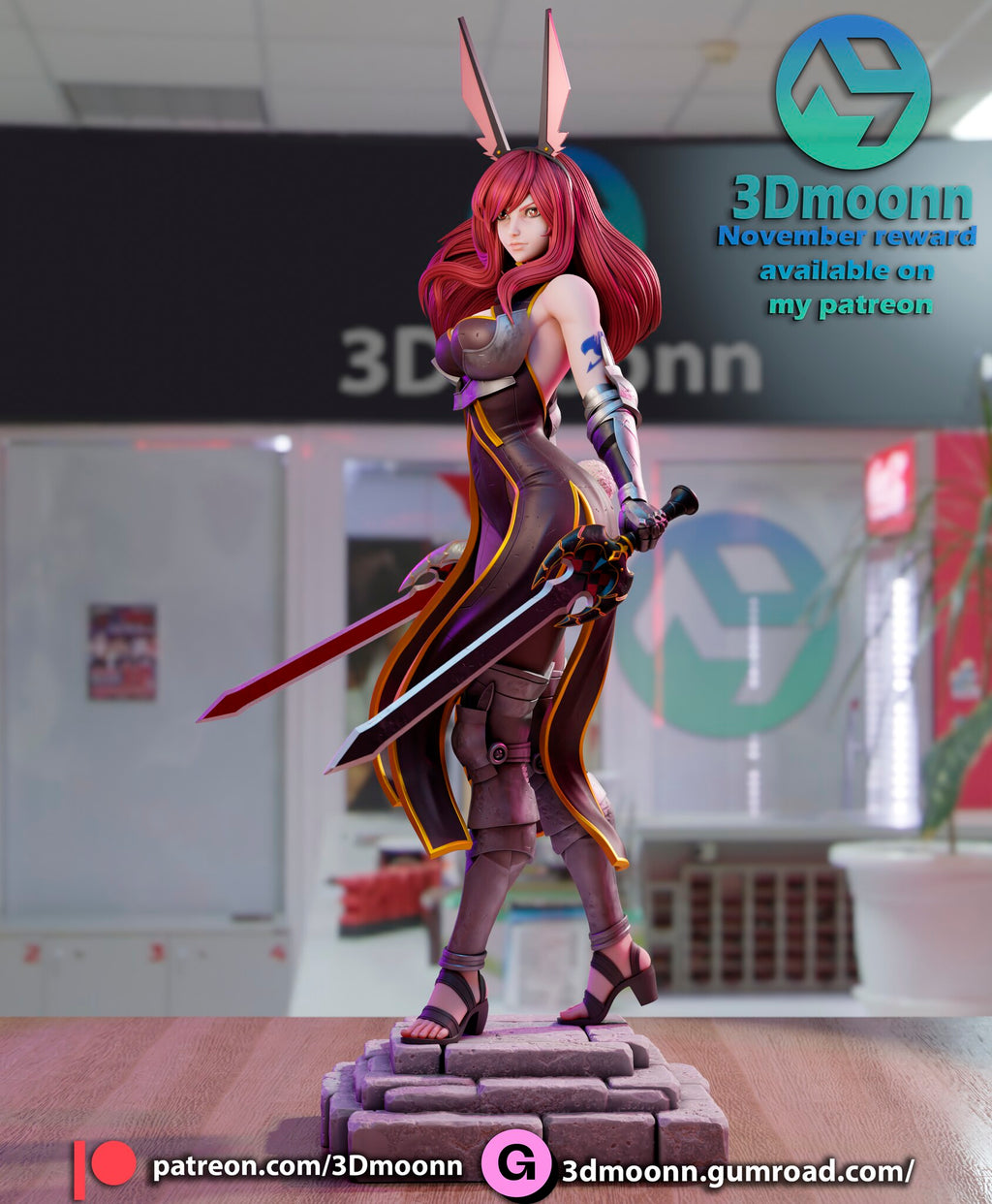 Sculptor's render (kit ships unpainted): side view from her left with the short silver sword across her legs