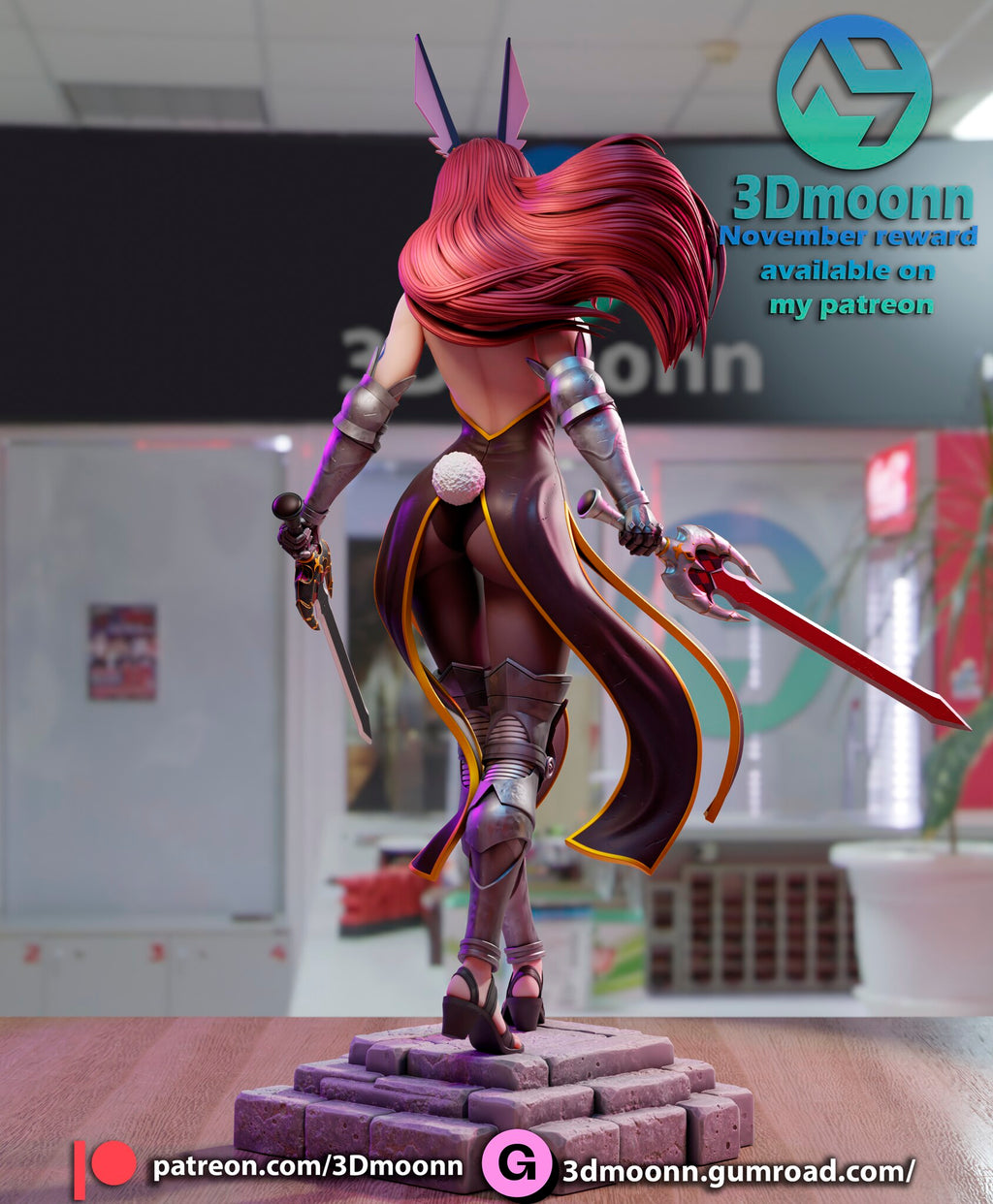 Sculptor's render (kit ships unpainted): rear view with the long hair, the back of the ear headband and the armored elbows