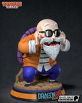 Sculptor's render of the painted design (kit ships unpainted): three-quarter front view of the bald, bearded old man in sunglasses crouching with a purple turtle shell on his back, on the round orange and black base