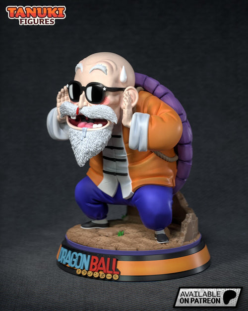 Sculptor's render (kit ships unpainted): three-quarter view from his left, hands raised beside his grinning face, the sculpted logo on the base band
