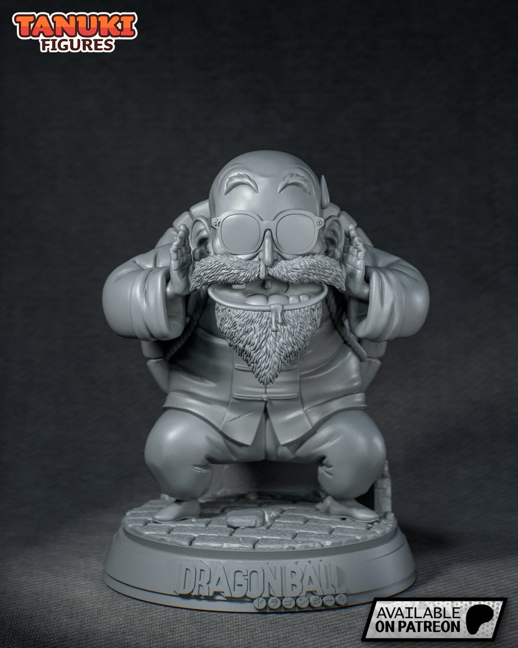 Sculptor's render (kit ships unpainted): gray primer view from the front, the squat pose, paved base and the logo in relief