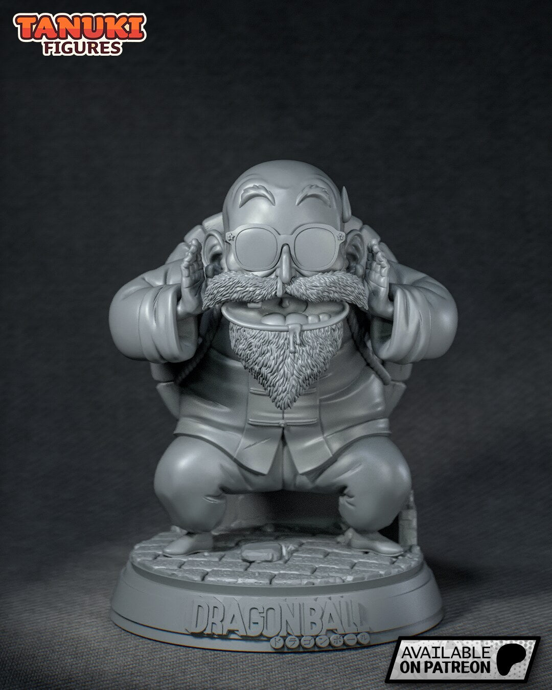 Sculptor's render (kit ships unpainted): gray primer view from the front, the squat pose, paved base and the logo in relief