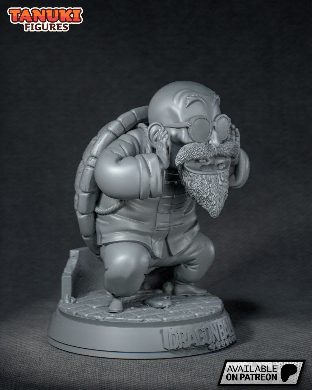 Sculptor's render (kit ships unpainted): gray primer side view showing the forward lean and the shell on his back