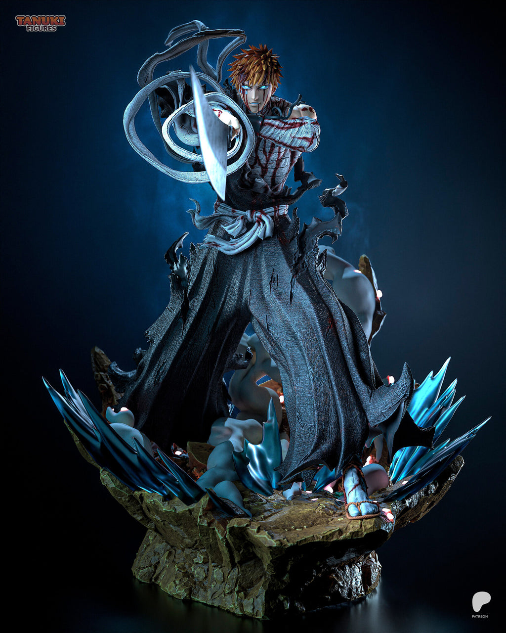Sculptor's render of the painted design (kit ships unpainted): front view of the orange-haired swordsman pointing a cleaver blade at the viewer, white wrap spiraling above him, on a rock base with crystal shards and smoke