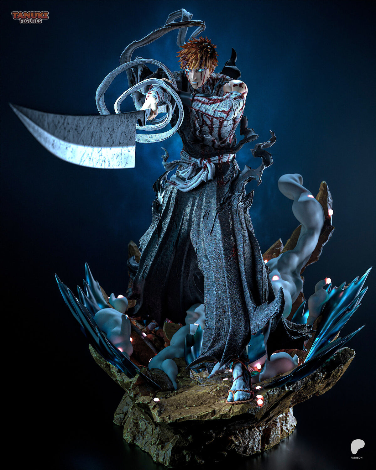 Sculptor's render (kit ships unpainted): three-quarter view showing the long cleaver blade in profile and a tall smoke plume rising behind him