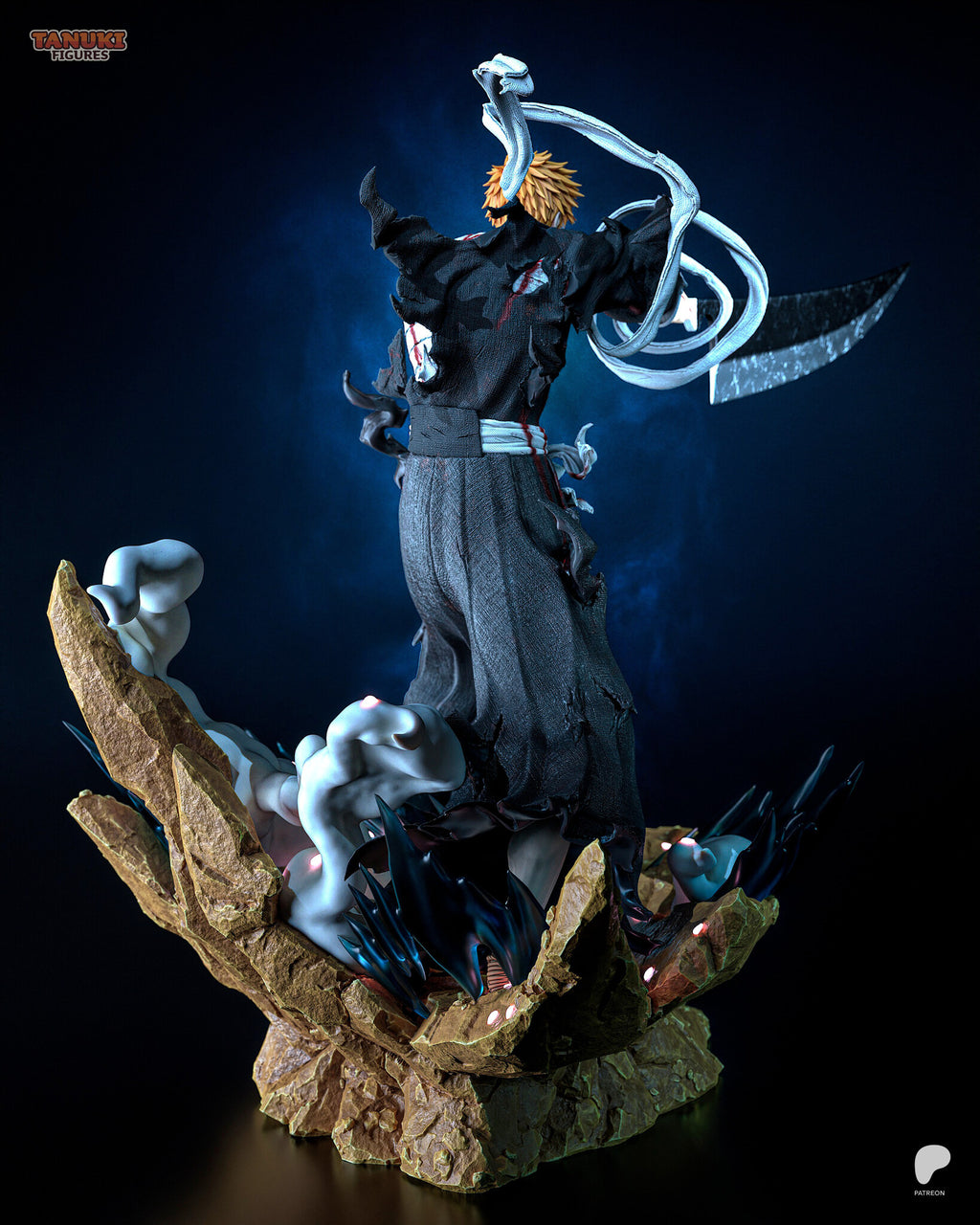 Sculptor's render (kit ships unpainted): rear view of the torn black robe and white sash, with the rock wall and smoke at the back of the base
