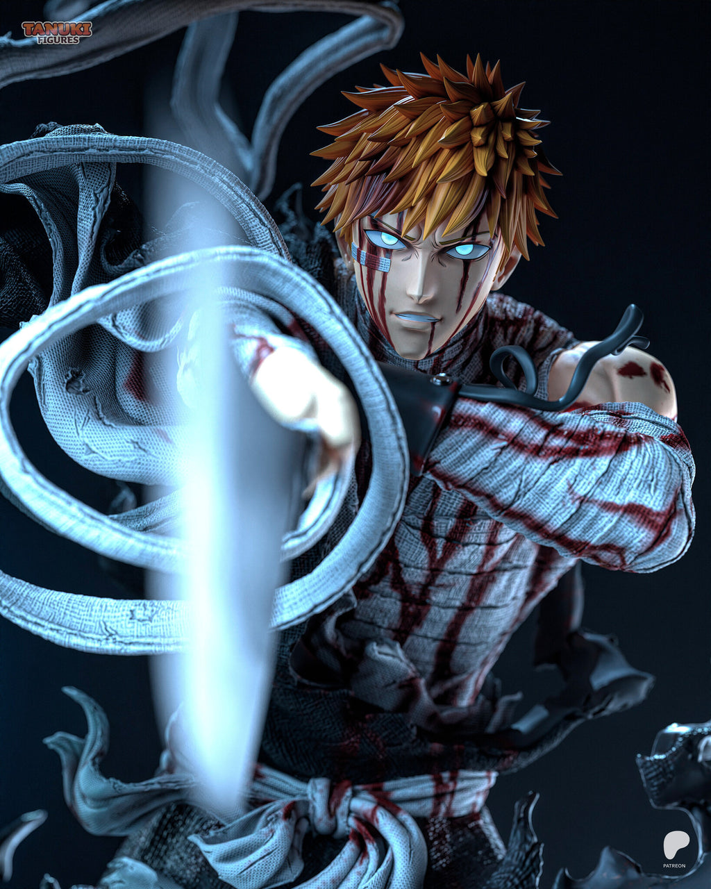 Sculptor's render (kit ships unpainted): close-up of the face with glowing blue eyes, the spiky orange hair and the bandaged chest
