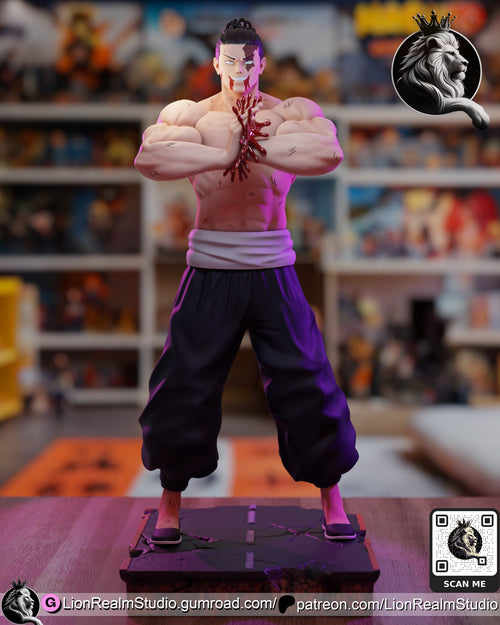 Sculptor's render of the painted design (kit ships unpainted): front view of the bare-chested brawler clapping as blood bursts between his hands, on the cracked road base