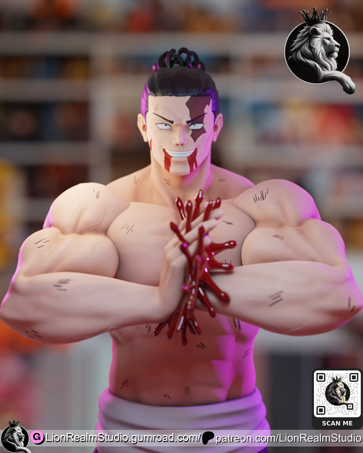 Sculptor's render (kit ships unpainted): closer front view of the scarred, grinning face and the clapped hands