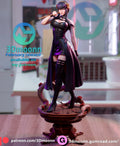 Sculptor's render of the painted design (kit ships unpainted): front full view of the black dress figure with a gold stiletto at her cheek, on the rose-vine pedestal