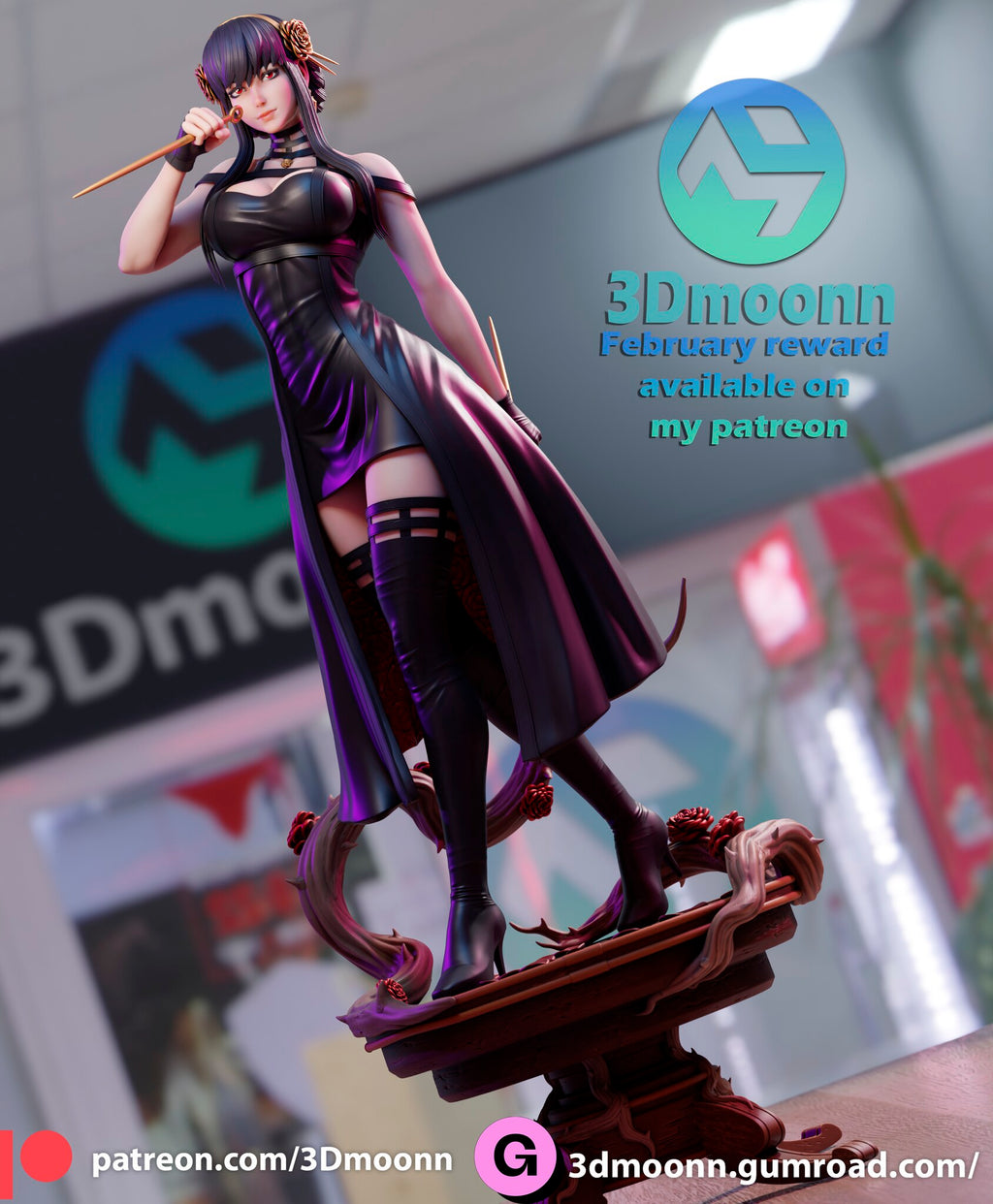Sculptor's render (kit ships unpainted): three-quarter view of the black dress figure showing the open overskirt, thigh-high boots and thorned vine