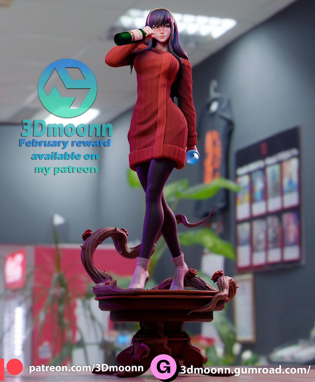 Sculptor's render (kit ships unpainted): front full view of the red sweater dress figure with a wine bottle raised and a glass in her other hand