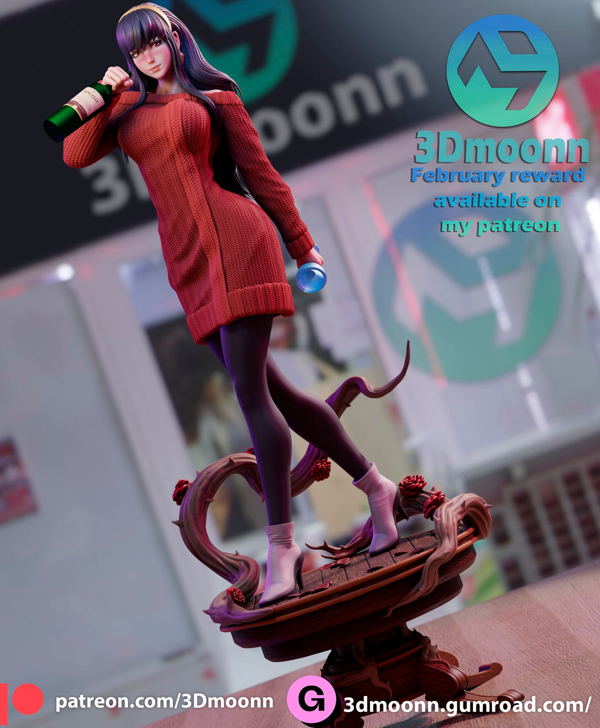 Sculptor's render (kit ships unpainted): three-quarter view of the red sweater dress figure with her long hair loose, on the same pedestal