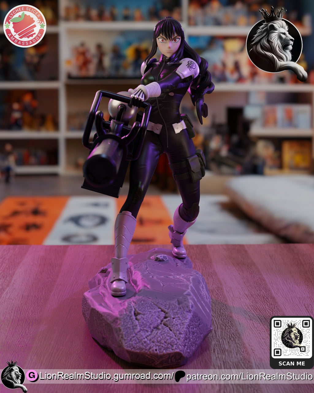 Sculptor's render of the painted design (kit ships unpainted): front view of the ponytailed soldier with the stern face, gripping the giant cannon at her hip on the cracked rock base