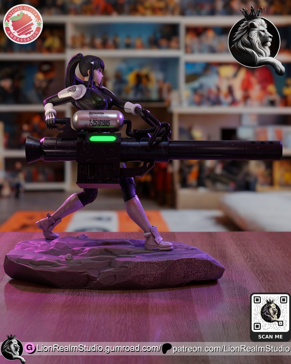 Sculptor's render (kit ships unpainted): side view showing the full length of the cannon, its silver tank and green-lit panel, reaching past both ends of the rock base
