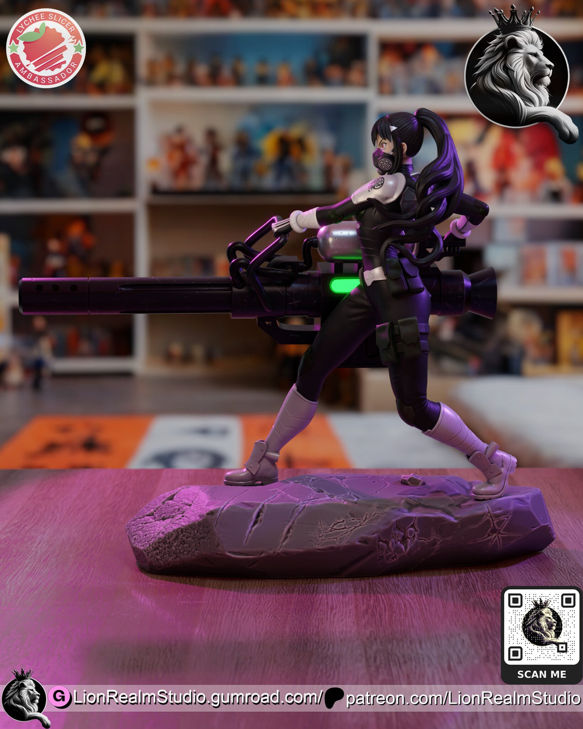 Sculptor's render (kit ships unpainted): opposite side view with the respirator head and the cannon barrel pointing the other way
