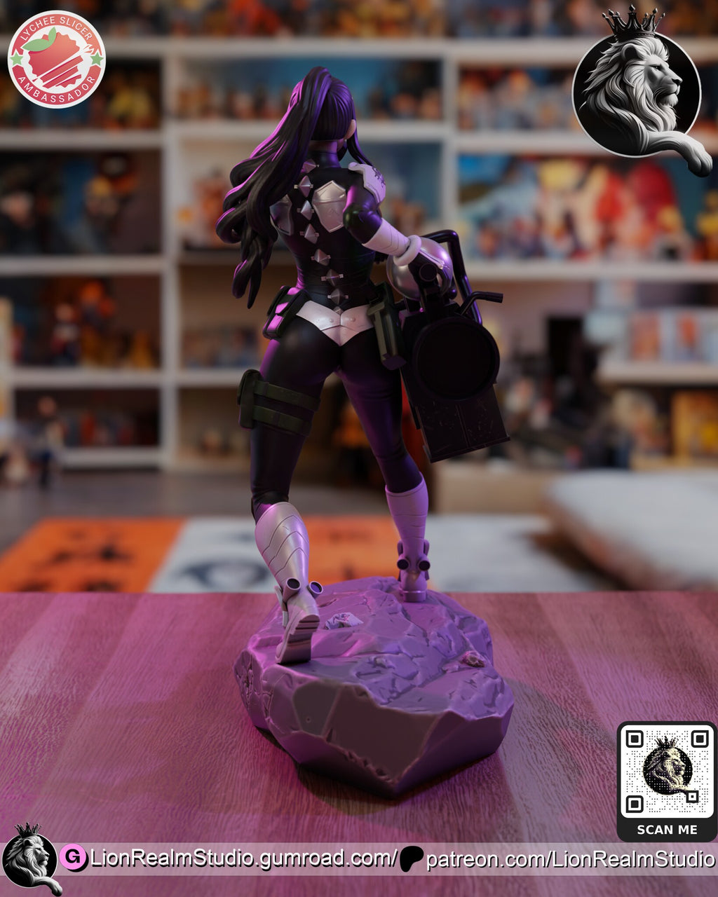 Sculptor's render (kit ships unpainted): rear full view showing the white plates down the back, the long ponytail and the back of the cannon