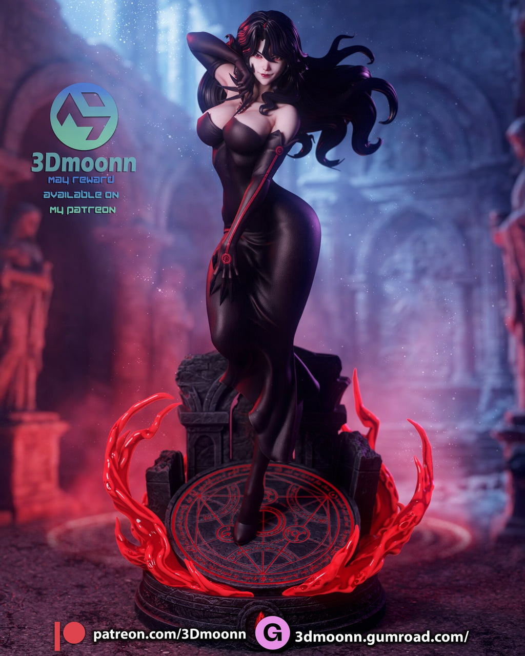 Sculptor's render of the painted design (kit ships unpainted): front view of the villainess in a long black dress on the round red circle base with red swirls