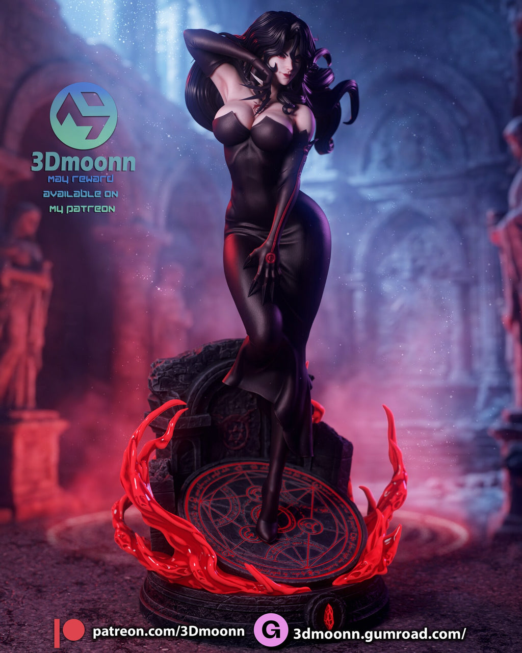 Sculptor's render (kit ships unpainted): front view showing the glowing circle on the base top and the broken wall behind her