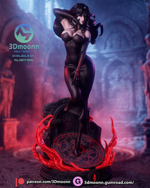 Sculptor's render (kit ships unpainted): front view showing the glowing circle on the base top and the broken wall behind her