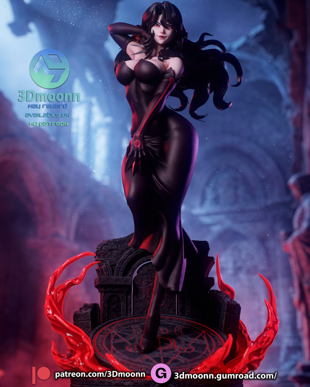 Sculptor's render (kit ships unpainted): front three-quarter view with the raised arm and finger blades by her cheek
