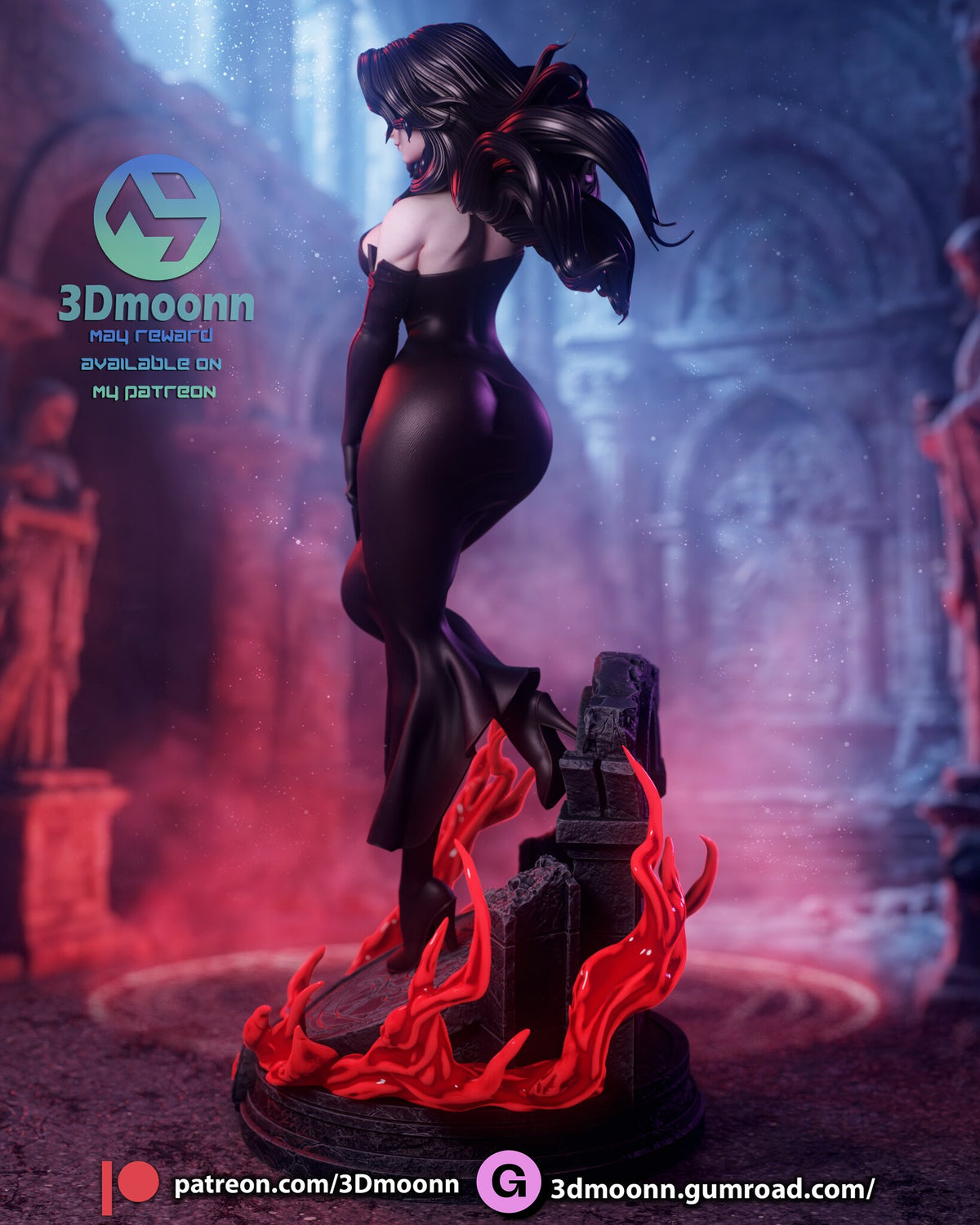 Sculptor's render (kit ships unpainted): side view showing the lifted heel and the red swirl rising beside her