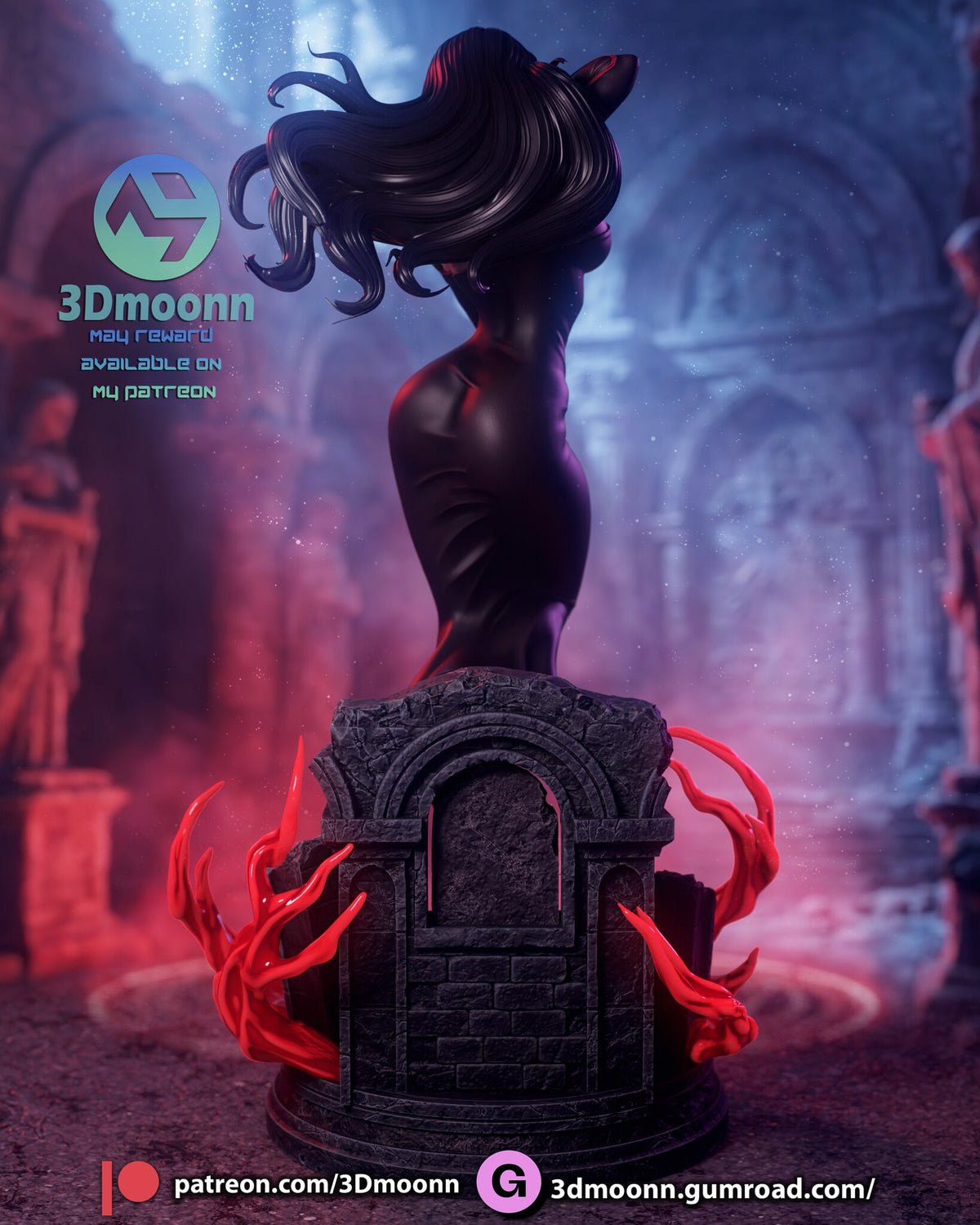 Sculptor's render (kit ships unpainted): rear view of the broken gothic wall and the red swirls