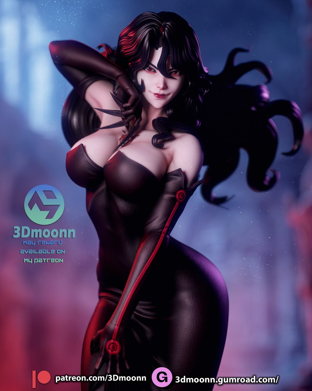 Sculptor's render (kit ships unpainted): close-up of the face, the strapless dress and the bladed opera gloves