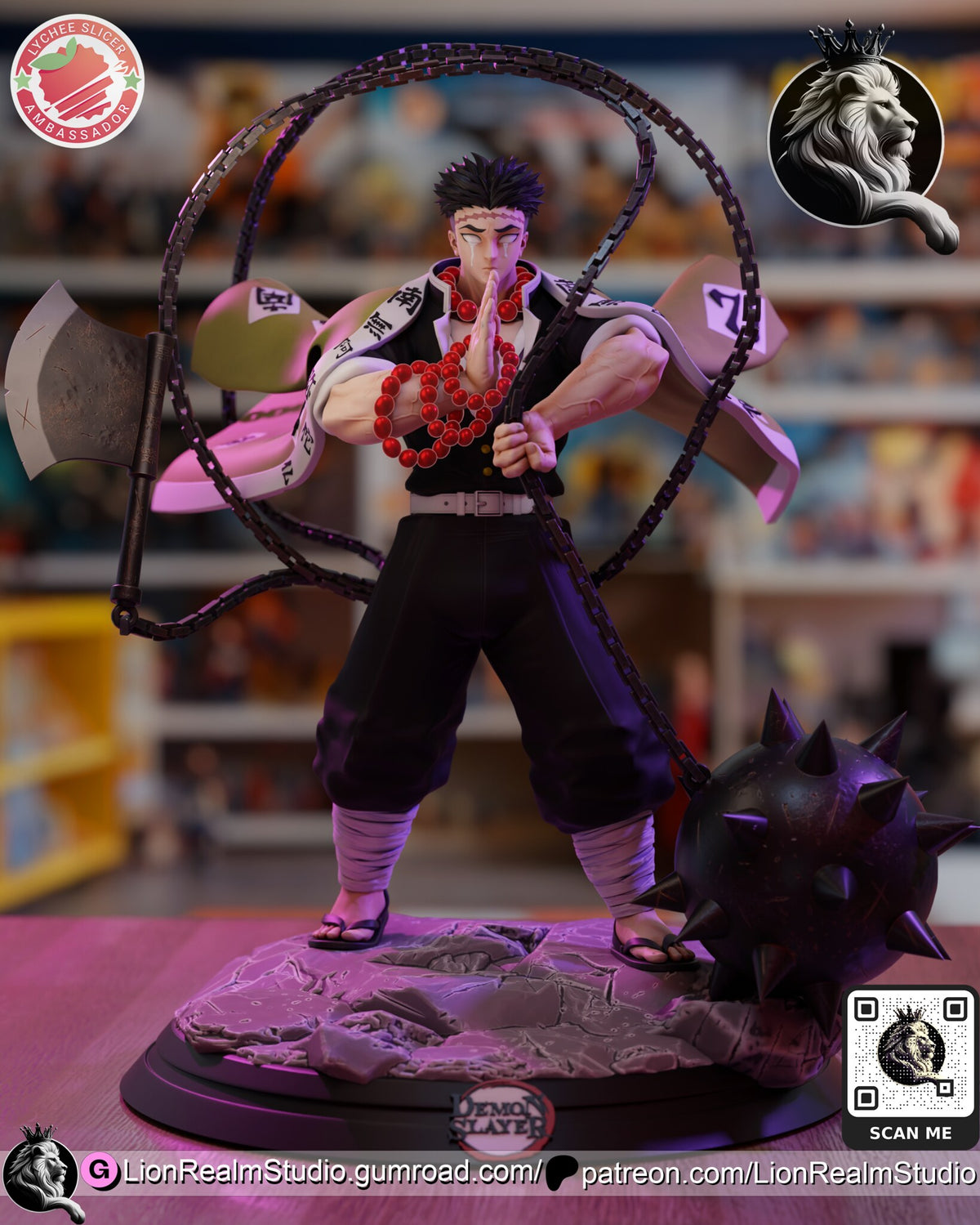 Sculptor's render of the painted design (kit ships unpainted): front view of the giant monk in prayer, the chain looping over his head to the hand axe on one side and the spiked ball on the stone base