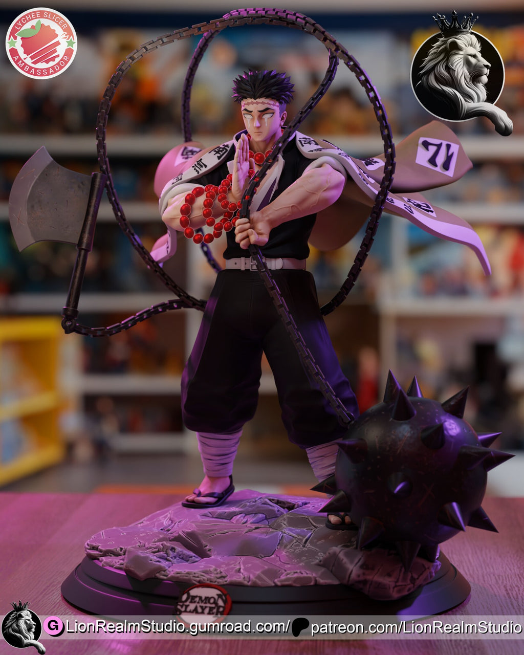 Sculptor's render (kit ships unpainted): front view from slightly lower, showing the full chain loop and the flaring olive coat