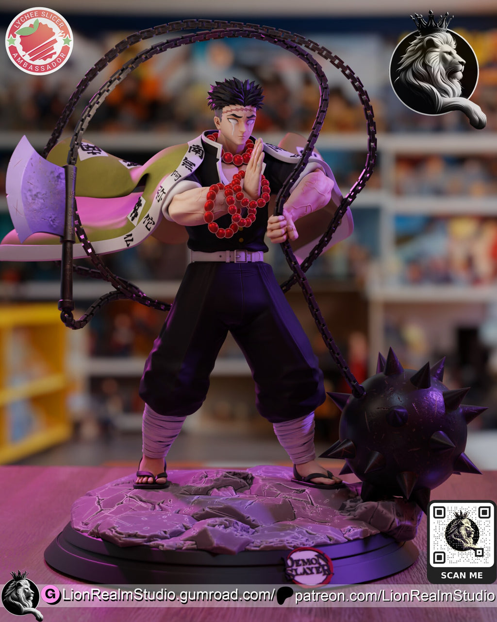 Sculptor's render (kit ships unpainted): three-quarter view with the axe floating out past his shoulder and the spiked ball by his foot