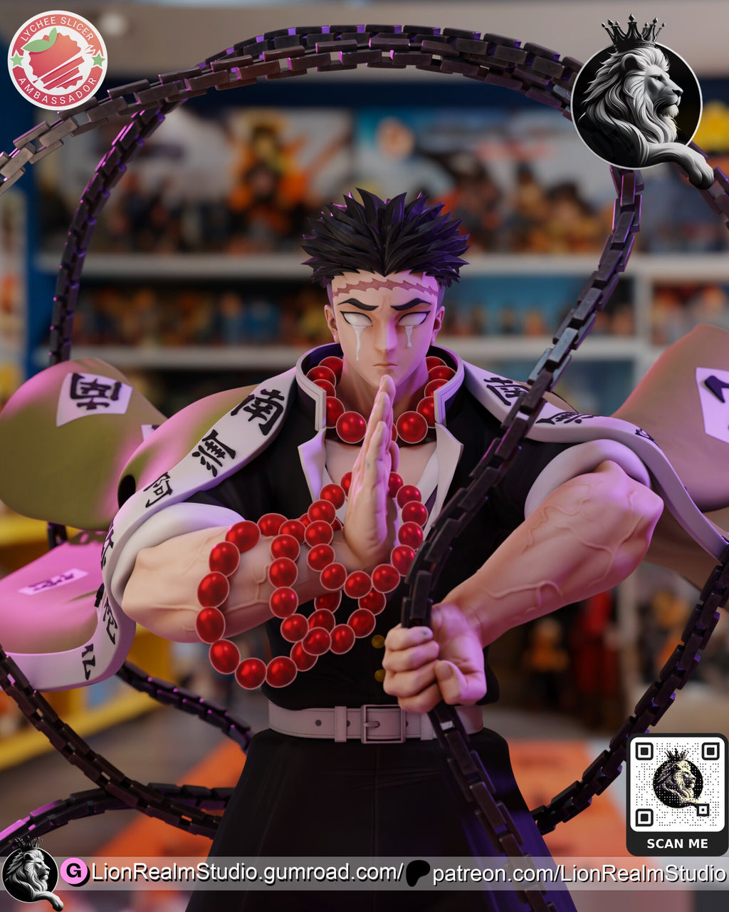 Sculptor's render (kit ships unpainted): closer view of the upper body with the red prayer beads, the hand raised in prayer and the chain in his fist