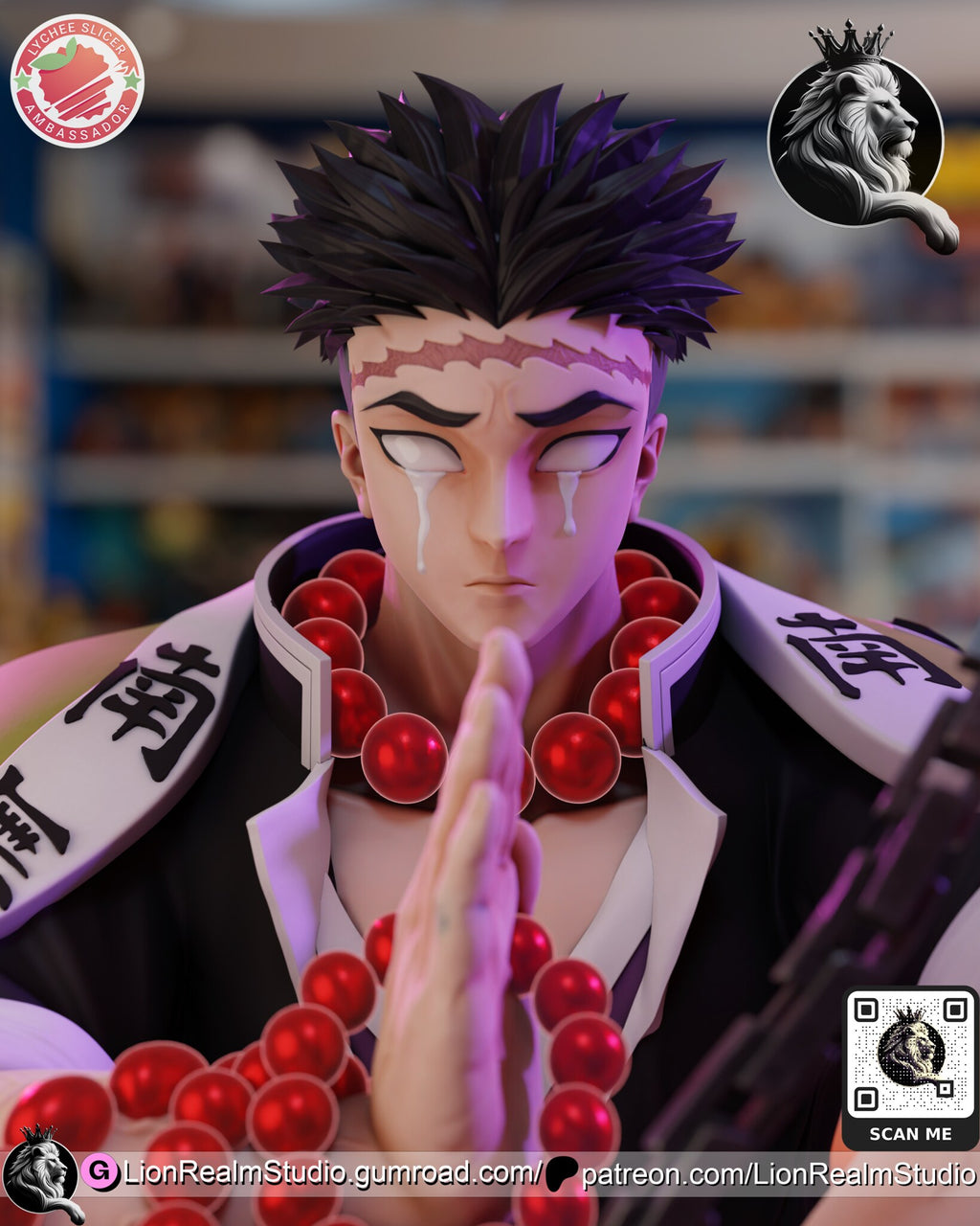 Sculptor's render (kit ships unpainted): close-up of the face with blank white eyes, tear tracks and the scar across the forehead