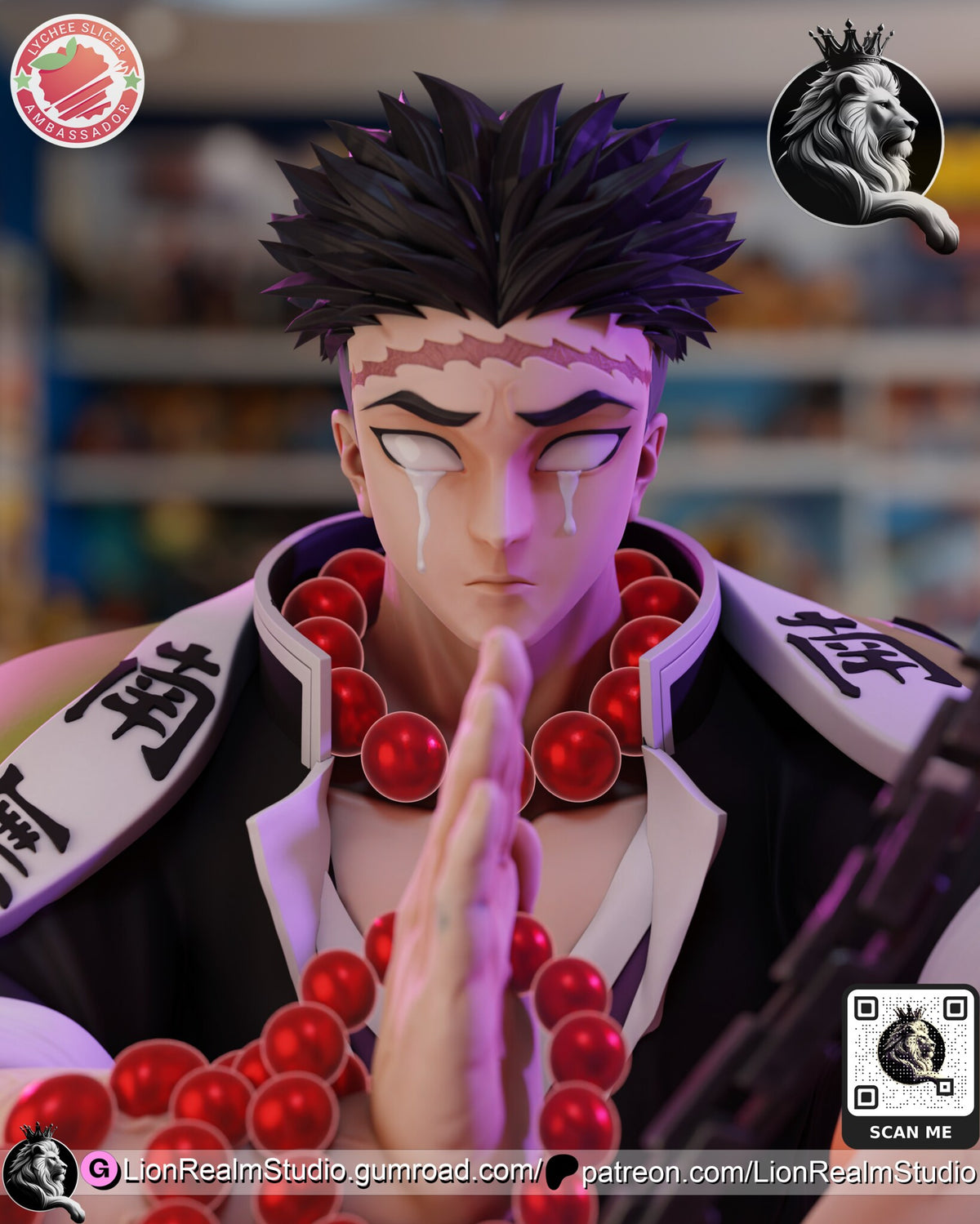 Sculptor's render (kit ships unpainted): close-up of the face with blank white eyes, tear tracks and the scar across the forehead
