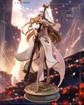 Sculptor's render of the painted design (kit ships unpainted): full front view of the blindfolded cleric in a white veil and cloak holding an upright sword with scales on the round gold relief base