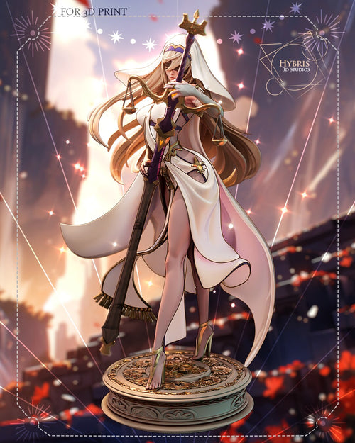 Sculptor's render of the painted design (kit ships unpainted): full front view of the blindfolded cleric in a white veil and cloak holding an upright sword with scales on the round gold relief base