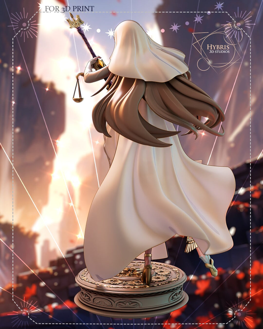 Sculptor's render (kit ships unpainted): straight rear view of the white cloak, the long hair and the sword finial above her shoulder